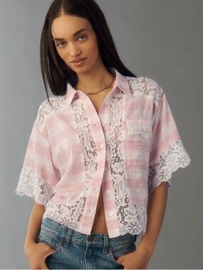 NWT Anthropologie Pink & White Plaid Lace Trim Flap Pocket Plaid Button Shirt S